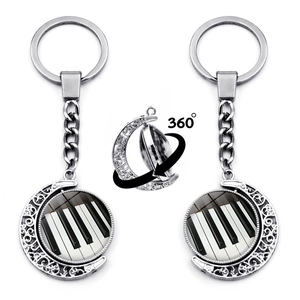 Rotating Piano Keys Music Note Crescent Moon Keychain Zinc Alloy Glass Cabochon Musical Instrument Key Ring For Music Lovers Gift