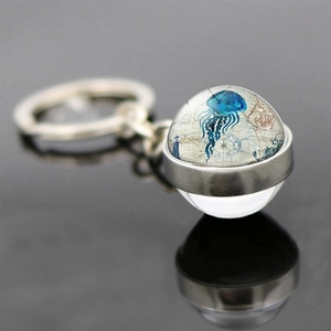 Vintage jellyfish glass ball keychain with double-sided nautical map and silver alloy ring