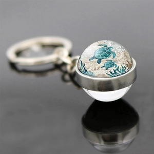 Vintage Nautical Sea Turtle Starfish Double Sided Glass Ball Keychain Zinc Alloy Ocean Theme Pendant Key Ring For Backpack Gift