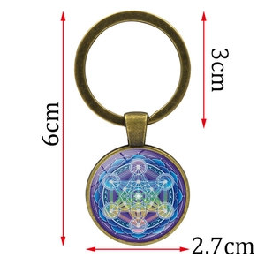 Porte-clés mandala Cube de Métatron avec anneau en bronze et pendentif cabochon de 2,7 cm