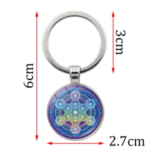 Porte-clés mandala Cube de Métatron avec pendentif en verre dégradé bleu violet et alliage