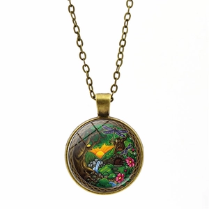 Retro bronze mandala forest pendant necklace with a glass gemstone art illustration