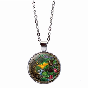 Mandala forest glass pendant necklace featuring a colorful magic woodland scenery