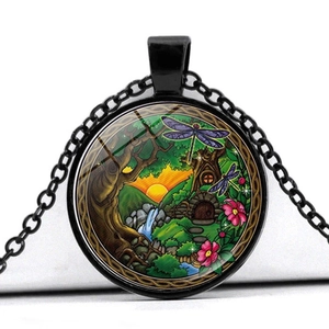 Artistic forest mandala pendant necklace with mystical tree and dragonfly gemstone design