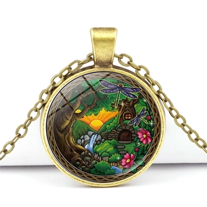 Mandala magic forest glass gem pendant necklace with bronze alloy chain and floral tree art