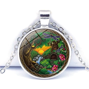 Mandala Art Magic Forest Pendant Necklace Zinc Alloy Glass Cabochon Fantasy Fairy Tale Style Unisex Jewelry