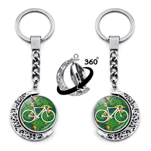 Vintage 360 Degree Rotating Crescent Moon Keychain Zinc Alloy Glass Cabochon Retro Bicycle Flower Basket Key Ring Gift