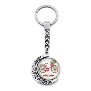 Vintage silver bicycle keychain with rotating watercolor floral bike crescent pendant