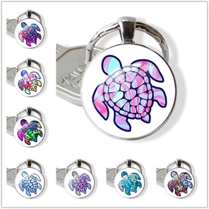 Porte-clés en Métal Tortue de Mer Artistique Pendentif en Verre Gemme du Temps Rond en Alliage de Zinc Bijoux Cadeau