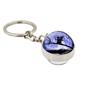 Porte-clés fée lumineux avec pendentif silhouette de lune violette et anneau argent