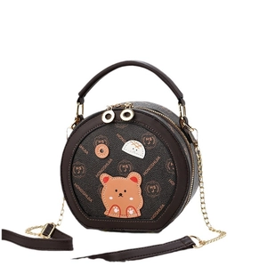 Sac rond marron avec motif ours et imprimé lettres avec bandoulière chaîne