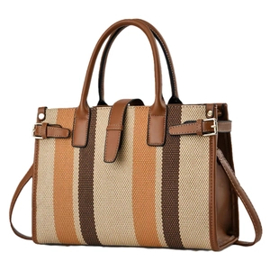 Sac à main en toile rayée avec garniture en cuir marron et bandoulière amovible
