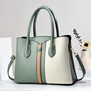 Elegant color block tote bag in green and cream PU leather with stylish double handles