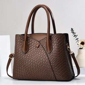 Brown woven texture tote bag with double handles and adjustable strap for women
