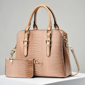 Elegant beige crocodile pattern tote bag set with detachable strap and gold hardware
