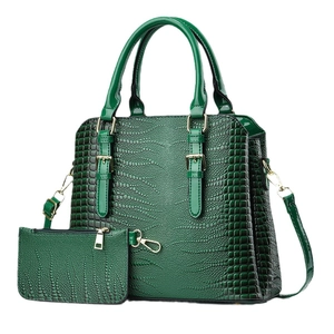 Emerald green crocodile pattern handbag set with crossbody strap and small zipper pouch