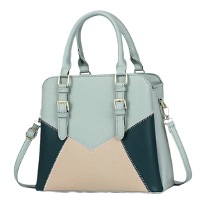 Three-color patchwork bucket bag in mint green, teal and beige with adjustable strap