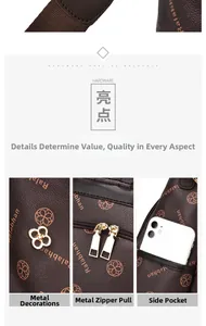 Detail of printed PU leather backpack with sturdy hardware and side phone pocket