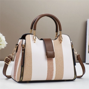 Sac Seau Rayé Couleur Contrastée Élégant pour Femmes Sac à Main en Similicuir PU Tissé Grande Capacité Sac à Bandoulière Mode