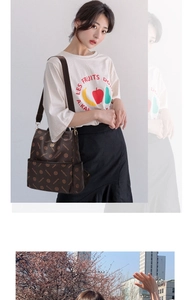 Detailed view of dark brown backpack featuring all-over logo pattern and front zipper pocket