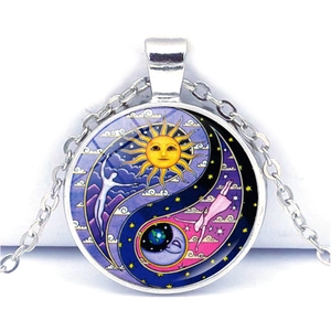 Collier Pendentif Cabochon En Verre Soleil Et Lune Yin Yang Pour Femmes Hommes Bijoux Tarot Célestes Mystiques