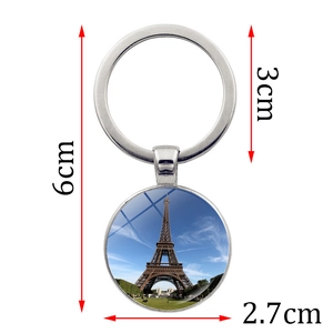 Paris Eiffel Tower keychain with silver metal ring and circular landscape photo pendant