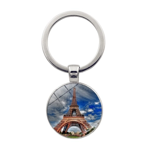 Paris Eiffel Tower keychain with silver metal ring and glass dome art pendant