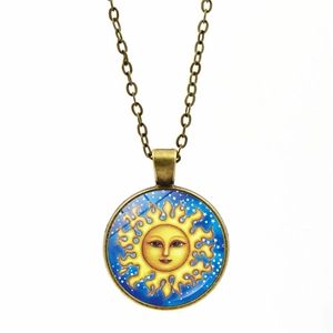 Vintage celestial sun pendant necklace with star night sky and bronze alloy chain