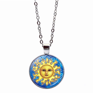 Artistic sun pendant necklace with blue starry sky and silver alloy chain for unisex