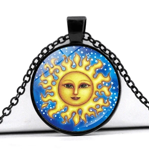 Starry sky and sun celestial time gem necklace with black metal chain for daily wear