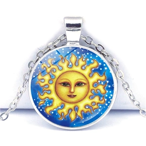 Sun Face Starry Sky Pendant Necklace Vintage Zinc Alloy Glass Cabochon Celestial Jewelry For Women Men