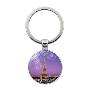 Silver Eiffel Tower souvenir keychain with purple night scene and fireworks art pendant