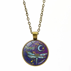Collier vintage en bronze avec pendentif en verre mandala libellule et croissant de lune