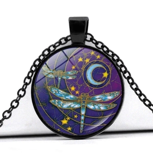 Collier mandala en verre avec pendentif libellé et lune et chaîne noire élégante
