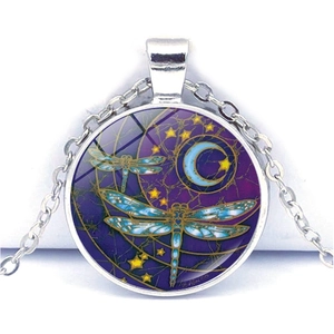 Collier Pendentif Mandala Art Libellule Lune Rond Cabochon En Verre Alliage De Zinc Bijoux Nuit Étoilée Rétro Pour Hommes Femmes