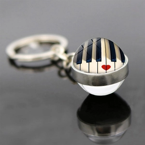 Musical Piano Keyboard Glass Ball Keychain Double Sided Music Note Treble Clef Heart Pendant Zinc Alloy Key Ring For Gift