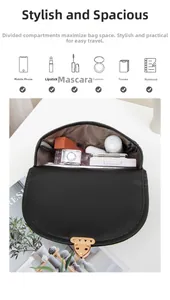 Detailansicht der schwarzen Handtasche mit Stauraum für Handy und Make-up-Zubehör