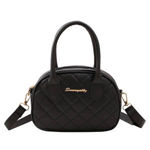 Quilted black satchel ladies bag with gold logo and detachable shoulder strap