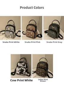 Collage of mini fashion backpacks featuring cow print, snake skin, and monogram patterns