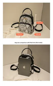 Mini cow print and snakeskin backpack size dimensions compared with an iPad mini