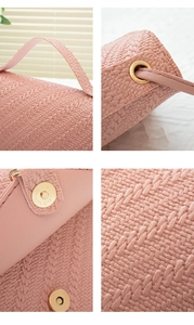 Close-up of pink woven texture crossbody bag featuring magnetic snap and metal eyelets