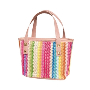 Sac cabas en paille tissée à rayures colorées avec anses en cuir rose et rivets dorés