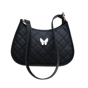 Chic black quilted butterfly shoulder bag with elegant crescent shape and golden hardware