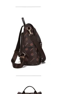 Side view detail of dark brown monogram backpack with golden metal zippers and fabric straps