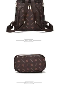 Detail view showing back straps and bottom base of a printed brown faux leather backpack