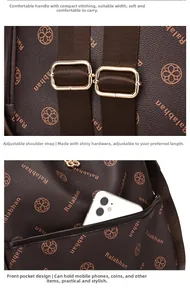 Detail of printed backpack showing reinforced handle and adjustable gold metal buckles