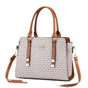 Grand sac cabas rétro avec garniture en cuir marron et imprimés à motifs MRM
