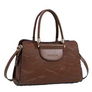 Brown pleated leather handbag for women with large capacity and removable shoulder strap