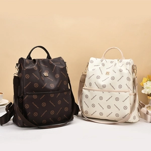Women Fashion Backpack PU Leather Monogram Print Large Capacity Casual Daily School Bookbag Travel Bag Elegant