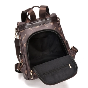 Stylish large capacity printed brown leather backpack with multiple inner compartments